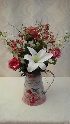 Artificial Flower Arrangement Vintage Pink And White In Tall Zink Jug Vase. • £29.95