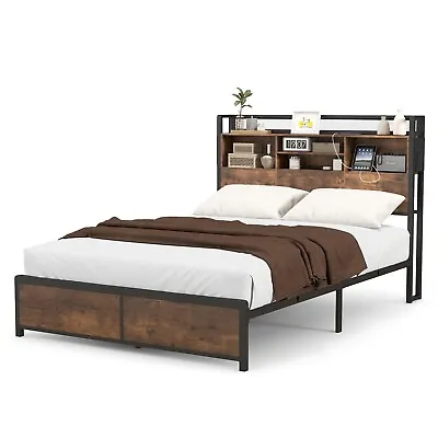 Queen Size 4.6FT Platform Bed Metal Slatted Support Bed Frame Bookcase Headboard • £179.95