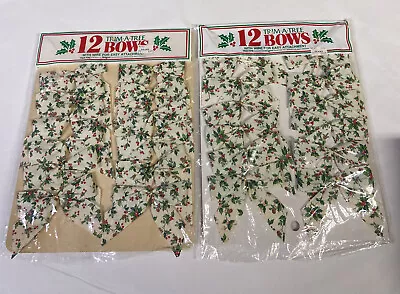 Vintage BERWICK Trim A Tree Bows Holly Berry Print 2 Packages 24 Bows NEW • $19.90