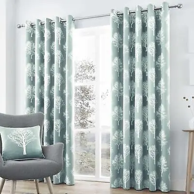 Duck Egg Eyelet Curtains Woodland Trees Ready Made Lined Ring Top Curtain Pairs • £54