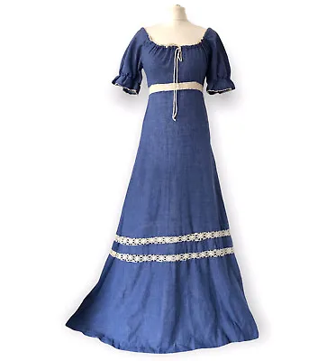 £38 • Buy Vintage Mr Darren Floor Length Maxi Long Blue A Line Peasant Prairie Dress Lace