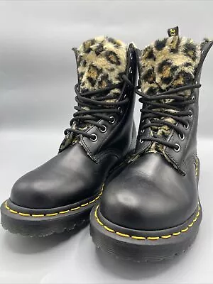 Dr Marten Docs Air Wair 1460 Serena Leo Leopard Faux Fur Black Boots Size 7 VGC • $83.50