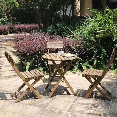 $89.99 • Buy 3 Piece Folding Bistro Set Solid Fir Wood Table Chair Garden Outdoor Lounge Set