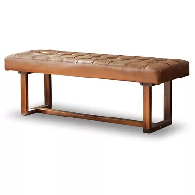 Pemberly Row Mid-Century Modern Rectangular Genuine Leather Bench In Tan • $344.23