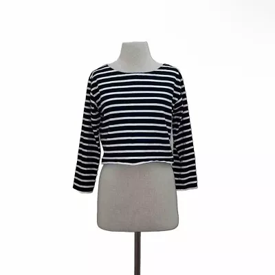 J. Crew Black/White Striped Cropped Boatneck T-shirt In Mariner Cotton Size XS • $24.93