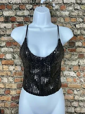 Zara Allover Sequin Crop Top Tank Cami Blogger Black Silver Sparkle Holiday New  • $38.99