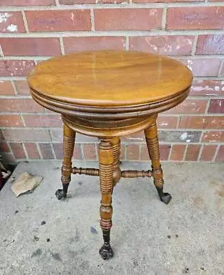 Antique Oak Piano Stool Ornate Carved Turned Wood Glass Ball Brass Claw Feet • $249.99