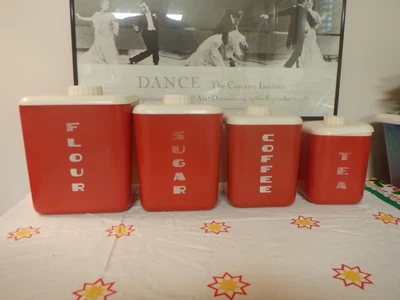 $29.99 • Buy Vintage Plastic 4 Canisters Nesting Set Red White Retro RARE HTF 1950s 1960s
