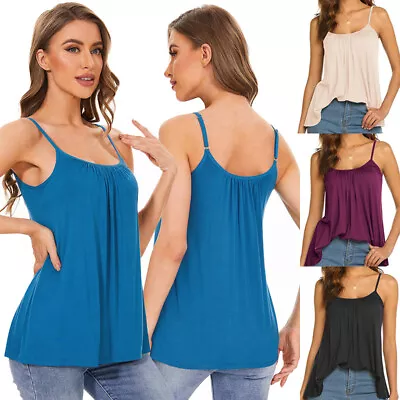 Women Camisole With Built In Bra Flowy Tank Top Adjustable Straps Loose Fit Vest • £18.79