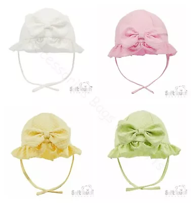 Baby Girls Summer Sun Hat Checked Frilly Bow Hat White Pink Lemon Mint 0-12 Mths • £6.50