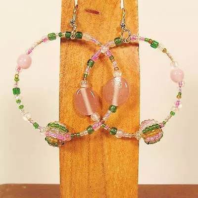 2  Pink Green Mixed Bead Handmade Bohemian Seed Bead Round Hoop Earrings  • $7.99