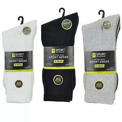 £8.99 • Buy 5 Pairs Mens Gents Cotton Rich Sport Socks Big Foot 12 To 14 Black, White,  Grey