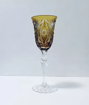 $105 • Buy 1 Val St. Lambert Amber Yellow Gold Cut To Clear Crystal Wine Glass