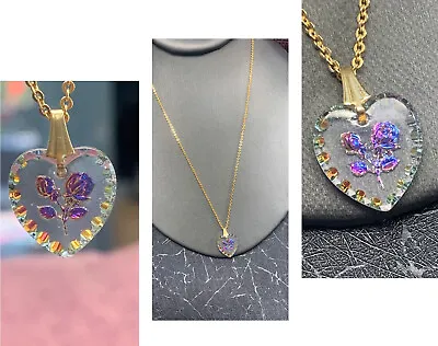 Vintage Germany Rose Flower Crystal Heart Intaglio Pendant Gold  Necklace 18” • $29