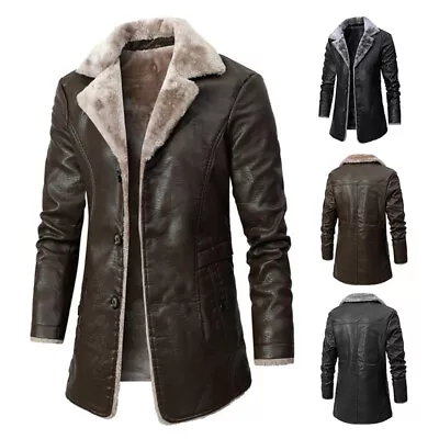 Mens Faux Fur Shearling Pea Coat Trench Leather Jacket Winter Warm Long Coat Top • $16.14