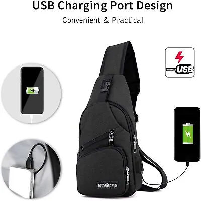 Men's Crossbody Chest Sling Bag Waterproof Anti-theft Backpack USB Charge Port • £6.89