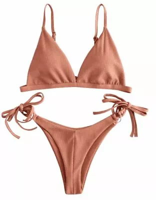 New Zaful String Ribbed Bikini M Medium 10 UK  KHAKI ROSE  • $35