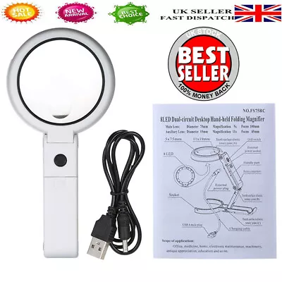 5X/11X Magnifying Glass With Light 8 LED LAMP Magnifier Foldable Stand Table • £7.89