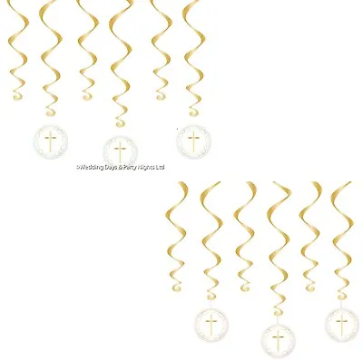 6 Gold Cross 1st Holy Communion / Christening Hanging Swirls Party Ceiling Decor • £2.98