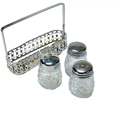 Vintage Tabletop Silver Tone Salt Pepper Condiment Glass Set Shakers Caddy • $15