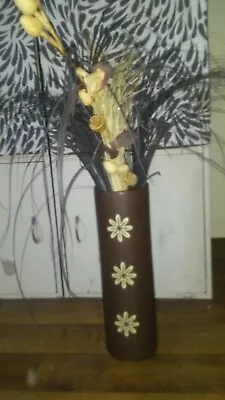 Chocolate Brown Tall Vase. Flower Print Approx 35cm Tall Comes With Contents • £5