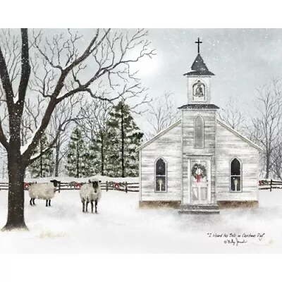 New Billy Jacobs I Heard The Bells WINTER WHITE CHURCH SHEEP PICTURE Hanging 16  • $16.90