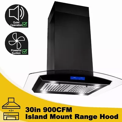 Glass Island Mount Range Hood 30 Inch Cook Vent 900CFM Black Digital Display New • $279.99