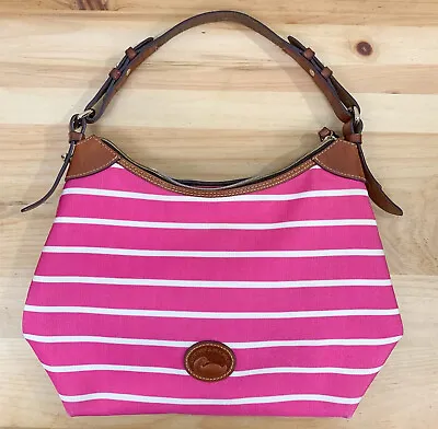 Dooney Bourke Erica Medium Shoulder Bag Pink White Stripe Brown Leather Trim • $38