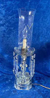 Antique Crystal Candelabra Hurricane Lamp Spear Prisms Etched Chimney 21.5  Deco • $95