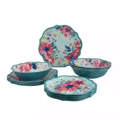 The Pioneer Woman Melamine Fresh Floral 12-Piece Dinnerware Set Teal *FREE SHIP • $39.55