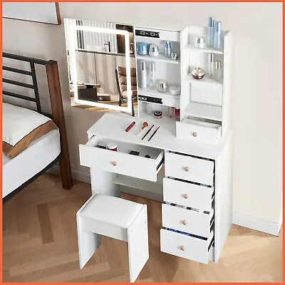 Makeup Dressing Table Dimmable LED Lighted Sliding Mirror Shelves Vanity Desk UK • £154.75