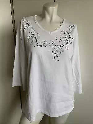 *NWT* Quacker Factory Small White V-neck 3/4 Sleeve T-shirt Tunic Rhinestones • $14.99