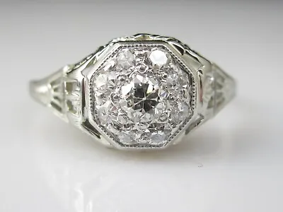 Art Deco Diamond Ring Old European Cut Single Cut Vintage 18K White Gold Cluster • $595