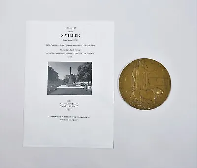 £280 • Buy WW1 Memorial Death Plaque Sapper Septimus Miller 248th Field Coy Royal Engineers
