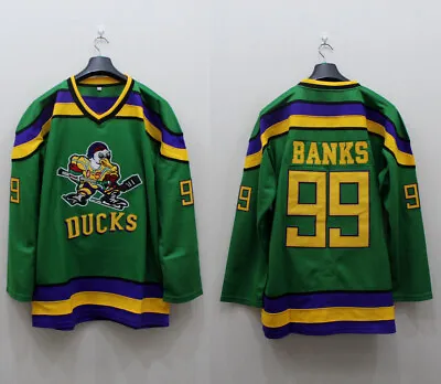 Custom Mighty Ducks Adam Banks #99 Hockey Jersey Stitched Green Banks Bombay  • $45