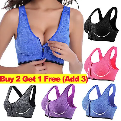 Women Wireless Padded Sport Bra Front Zip Yoga Cami Push Up Vest Support Tops • £7.12