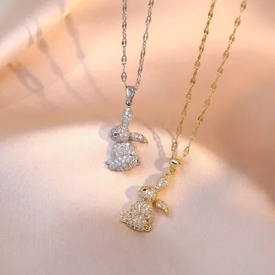 Titanium Silver/Gold Rabbit Bunny Pave CZ Pendant Chain Necklace • $11.99