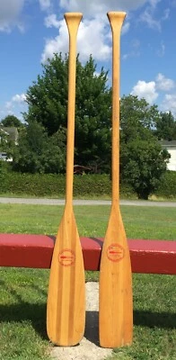 $116.49 • Buy 2 Vintage WOODEN PADDLES 57  Long W/ CHERRY WOOD + LABELS Oars Boat CANOE
