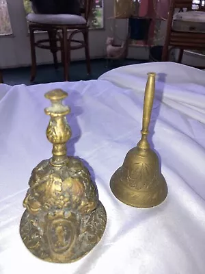 Vintage Lot Of 2 Vintage Brass Bells Bell Rustic Carved Heavy Antique Church • $25