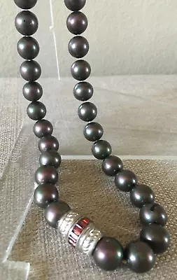 JUDITH RIPKA PEACOCK BLACK 12.2mm FAUX PEARL NECKLACE 925 STERLING GARNET CLASP • $135