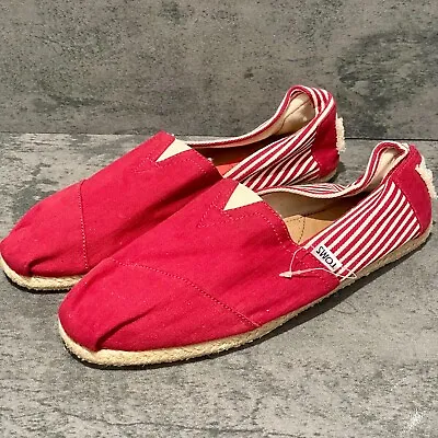 Men's 11 TOMS Red & White Striped Classics On Rope Soles Canvas Flats NEW • $11.99