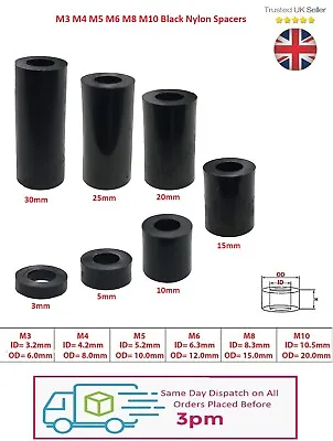 £2.45 • Buy Black Nylon Spacers Standoff Plastic Washers M3 M4 M5 M6 M8 M10 - 3mm - 30mm
