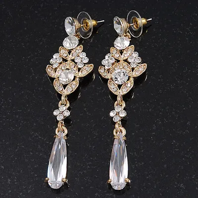 Statement Chandelier Crystal Drop Earrings In Gold Tone/ Clear/ 8cm Long • £20.50