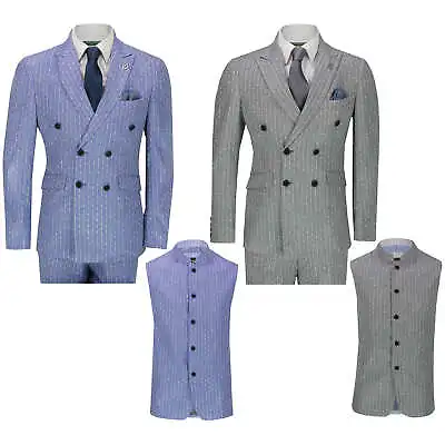 Mens Double Breasted 3 Piece Suit Tailored Fit Summer Jacket Waistcoat Trousers • £32.99