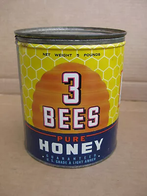 VINTAGE ORIGINAL ADVERTISING 3 BEES PURE HONEY Beehive 5LB TIN CAN Farm Diner • $99.99