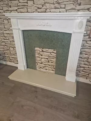 White Wooden Fireplace Marble Hearth And Backing. H 106cm W 126cm Approx Used • £40