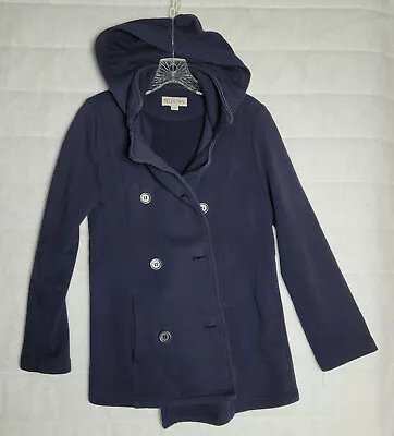 Merona Pea Coat Style Women's Size M Jacket Dark Blue Button Up With Hood Thumb • $18.89