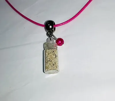 Handmade GLASS SAND Charm Pendant NECKLACE + Pink Faux Pearl On Waxed Cord • $1.22