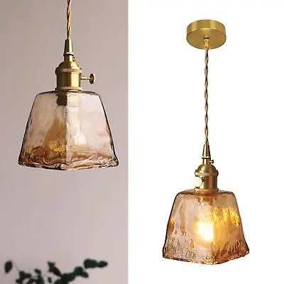 Brass Brushed Pendant Light Vintage Glass Lampshade Ceiling Light For Kitchen • £36.49