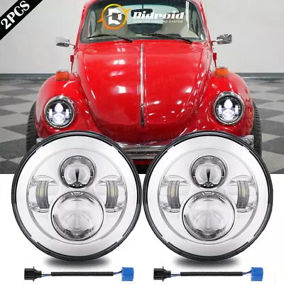 For VW Beetle 1967-1979 Pair 7 Inch LED Headlights Chrome& Hi-Lo Beam 85W White • $49.99